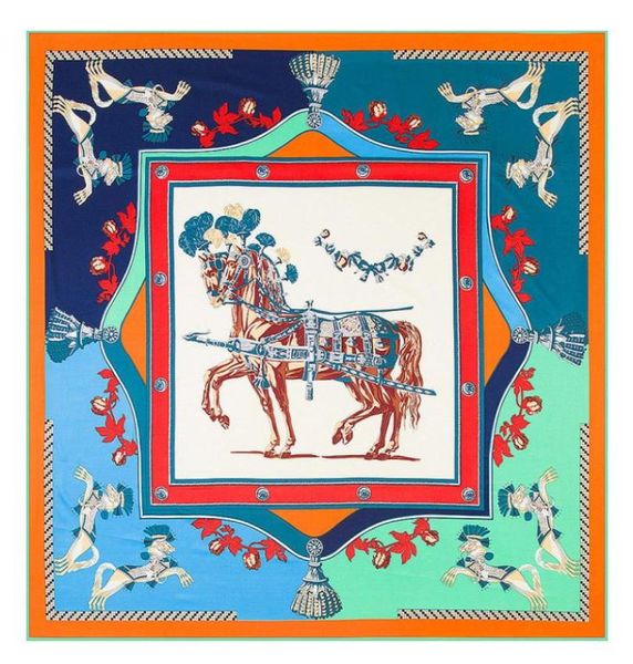 Nouveauté sergé foulard en soie femme carré écharpe France guerre cheval imprimé mode soie foulards Hijab femme châles 130 cm x 130 cm6979047