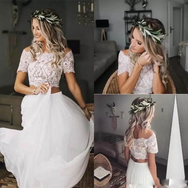 Nueva llegada Dos piezas del hombro Empire Cintura de encaje Vestidos de novia Manga corta Vestidos nupciales Personalizar Boda de playa para mujeres