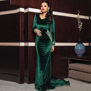 Nieuwe Collectie V-hals Groene Avondjurken Lange Mouw Moslim Prom Jurk Plus Size Velvet Vestidos de Fiesta Party Jurken 2021