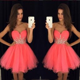 Nueva llegada Agua Melón Cristales Rhinestones Tulleto corto Homecoming Dresses de fiesta sin tirantes Sweet 16 Graduación Mini Cocktail Vestidos HD006