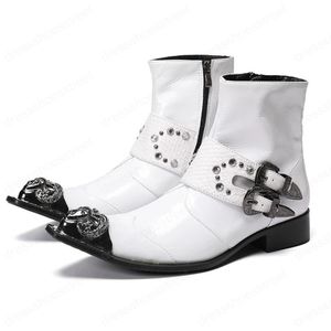 Chaussures de soirée à bout en métal blanc pour hommes, bottines de Cowboy en cuir véritable faites à la main, nouvelle collection