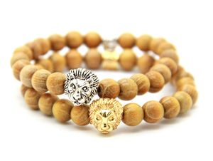 Nouveauté en gros meilleure qualité 8mm perles en bois jaune naturel véritable plaqué or argent tête de Lion Bracelets