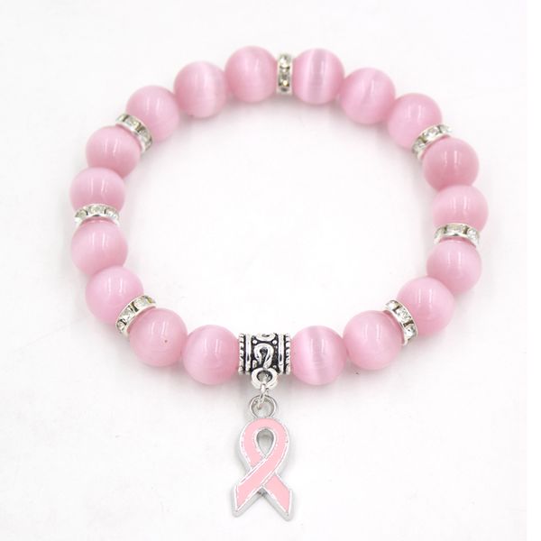 Nouvelle Arrivée En Gros Bracelets De Cancer Du Sein Blanc Rose Opale Oeil De Chat Pierre Perlé Bracelet Rose Ruban Sensibilisation Bijoux