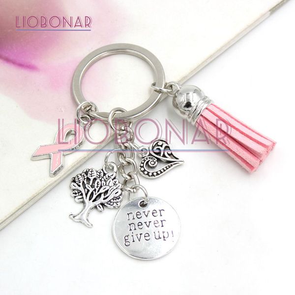 Nueva llegada al por mayor conciencia de cáncer de mama rosa llave de borla rosa llavero llavero heart life árbol nunca cede encantos joyería de cadena llave