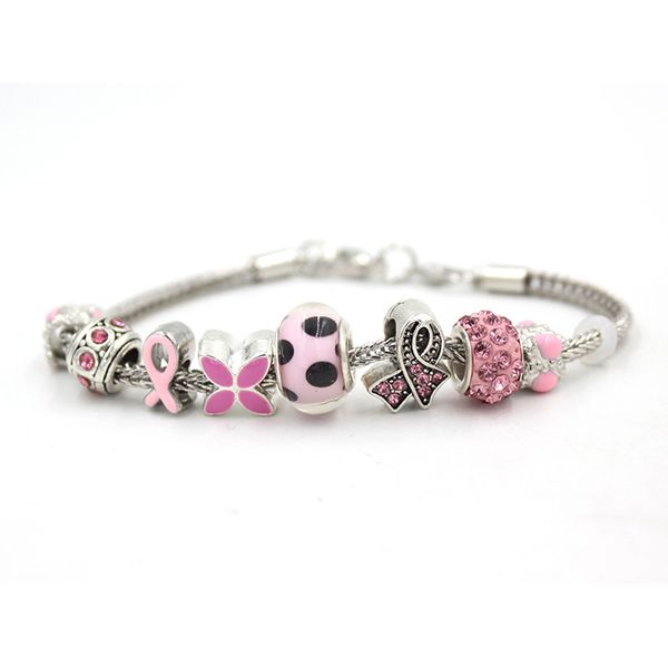 Nouvelle arrivée en gros bricolage bijoux de sensibilisation au cancer du sein chaîne de blé avec bracelet de perles de ruban rose pour le cadeau de la fondation du centre du cancer