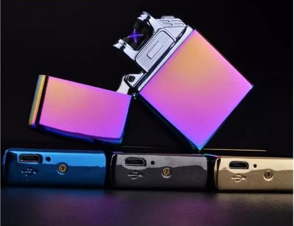 Los más nuevos encendedores a prueba de viento de metal de doble arco de carga de pulso USB cigarrillo encendedor electrónico accesorios para fumar herramienta con caja de regalo