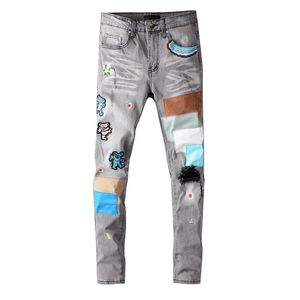 Nueva llegada Diseñador para hombre Am-Jeans Clásico Parche recto Jeans Pantalones Famosa marca Cremallera Marmoleado Pierna delgada Caliente Venta superior Tamaño de EE. UU. 29-40