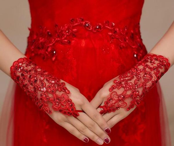 Nueva llegada mujer fiesta apliques de encaje perlas sin dedos longitud de la muñeca con cinta guantes nupciales accesorios de boda 3 colores envío gratis