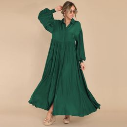 Nouvelle Arrivée Femmes Casual Robe Solide Couleur Longue Jupe Boutonnée Lâche Surdimensionné Ourlet Revers Cou Lanterne Manches Bohème Automne Dames Vêtements Plus La Taille