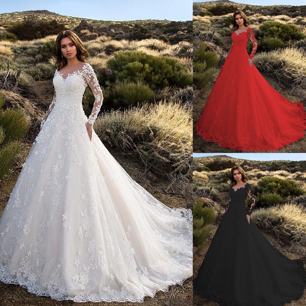 Nueva llegada de las mujeres vestidos de novia bordados de encaje de manga larga princesa mujeres vestido de bola vestidos de novia blanco rojo negro color vestidos de talla grande 23W1