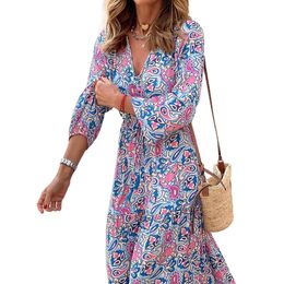 Nouveauté femmes Style bohème col en V à manches longues robe mi-longue Vintage imprimé fleuri large jupe trapèze vert Rose rouge couleurs S à XL tailles