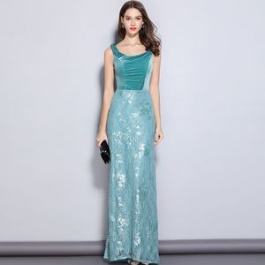 Nieuwe aankomst damesfeest prom slash hals borduurwerk kant fluweel patchwork elegante maxi lange designer jurken