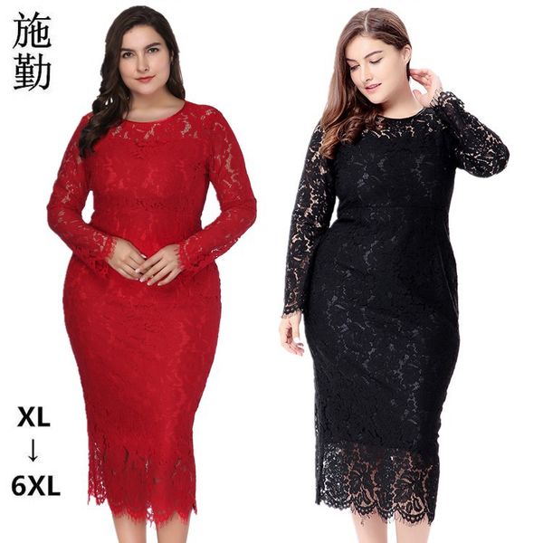Nouveauté robe de grande taille pour femmes, manches longues, jupes ajustées en dentelle, XL-6XL