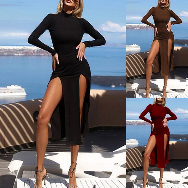 NUEVA LLEGA SEXY CAMPYCON MIDI Vestido con color sólido y doble división alta perfecta para otoño