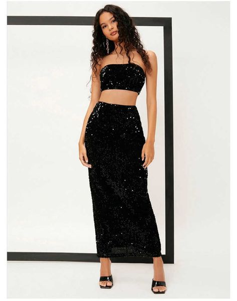 Nouvelle Arrivée Femmes Sequin Outfit Bretelles Crop Top Solide Couleur Midi Jupe Deux Pièces Ensemble Vestidos