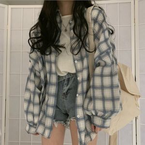 Nieuwe Collectie Dames Vintage Plaid Oversized Blouse Lantaarn Sleeve Turn Down Collar White Shirt Button Up Casual Tops