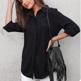 Nouvelle Arrivée Femmes Simple Neutre Vêtements Blouses Chemises Travail Curb Manches Longues Lâche Chemise Taille S-XL