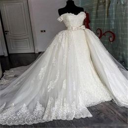 Nouvelles arrivées 2019 Robes de mariée sirène avec jupe détachable Train à l'épaule et couche-manche à poisson ivoire en dentelle de luxe Bridal Go 290b
