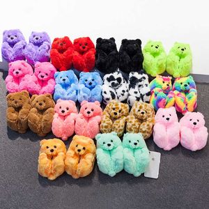 Nieuw aankomsten kinderen teddybeer slippers schattige pluizige pluche pluche binnensoorglaasjes kinderen thuis slippers casual flats harige sandalen schoenen y0902