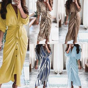 Nieuw aankomsten Designer Dames Dresses V-Neck Nieuwe sexy print geplooide onregelmatige riem lange mouwen rokken 10 kleuren plus maat 3xl