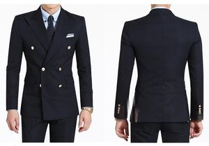 Nuevas llegadas Doble botonadura Azul marino Novio Esmoquin Peak Lapel Padrinos de boda Mejor hombre Blazer Trajes de boda para hombre (chaqueta + pantalones + corbata) D: 367