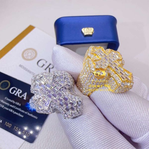 Nouveautés certificats Gra Pass testeur de diamant plaqué or blanc 925 argent Hip Hop Vvs1 Moissanite diamant croix bague homme