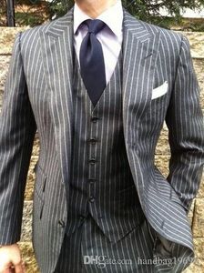 Nouveautés Costume de travail pour homme à rayures grises Costumes d'affaires pour hommes Tuxedos de marié Ensembles de robe de bal de mariage (veste + pantalon + gilet + cravate) D: 152