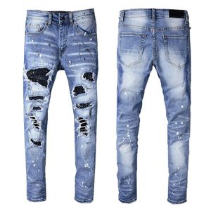 Nouveautés Pantalon en denim déchiré pour hommes Coupe skinny Slim stretch Pantalon en jean bleu Miris pour hommes Patchwork Jeans pour femmes en détresse Cristaux Trous aux genoux taille 28-40