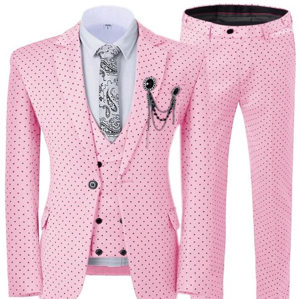 Nuevas llegadas Trajes de hombre rosa Slim Fit Un botón Novio Esmoquin Muesca Solapa Padrinos de boda Trajes 3 piezas Boda Fiesta Blazer Chaleco Pan269q