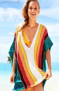 Nouvelles arrivances Sexy Beach Cover Up Striped Crochet Robe de Page Pareos for Women Saida Saida de Praia Beachwear CoverUps L2208106310781