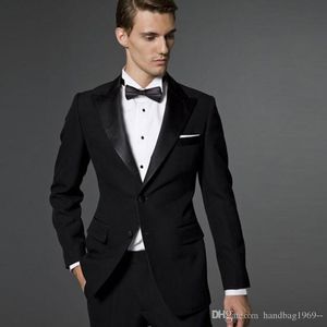 Recién llegados, dos botones, esmoquin de novio negro, solapa de pico, padrinos de boda, mejor hombre, Blazer, trajes de boda para hombre (chaqueta + Pantalones + corbata) D:108