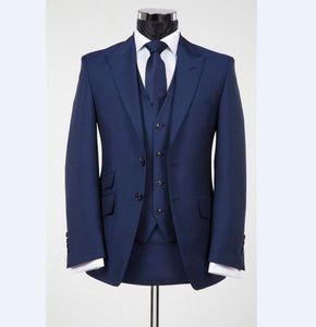 Nouveautés Deux Boutons Bleu Marié Tuxedos Garçons D'honneur Peak Lapel Meilleur Homme Blazer Costumes De Mariage Pour Hommes (Veste + Pantalon + Gilet + Cravate) H: 809