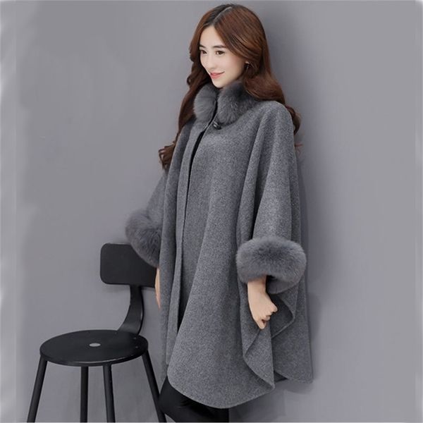 Nouveautés Femmes Col de fourrure Long Manteau de laine Femmes élégantes Cape Châle Veste Plus Taille Femme Hiver Outwear Nouveau Bigsweety LJ201109