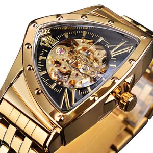 Nieuw aangekomen goud vintage waterdicht ontwerp man heren pols driehoek horloges skelet automatisch mechanisch horloge