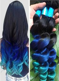 Nouvelle arrivée ombre Extensions de cheveux en vrac en vrac 3pcs lot trois tons 1b bleu vert ombre brésilien brésilien ondulé des cheveux humains bundles3760672