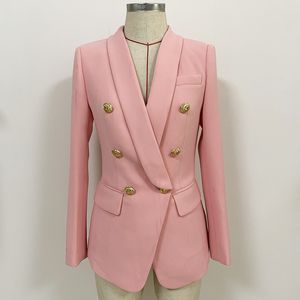 Nieuwe Aankomst Premium Hot Style Topkwaliteit Dames Double-Breasted Blazer Metalen Gespen Slanke Jas Retro Sjaal Collar Uitloper Roze 1986