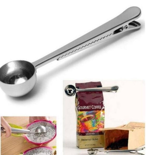 Nouvelle arrivée en acier inoxydable Coffee Mesure Scoop Spoon with Bag Seal Clip Silver2581933