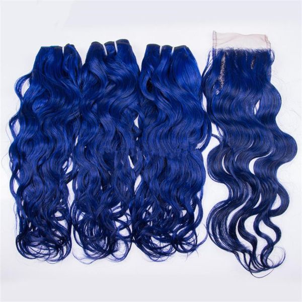Nouvelle Arrivée Wet and Wavy Blue Hair Extensions 3Pcs Avec Fermeture À Lacet Cheveux Vierges Brésiliens Bleu Vague D'eau Bundles De Cheveux Avec Fermeture Supérieure