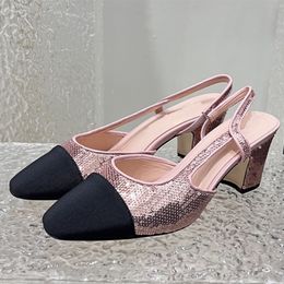 Nouvelle arrivée femmes vente chaude slingback sandales à talons hauts concepteur de piste bout rond nouvelles couleurs tissu à paillettes été femme en cuir véritable sandales à talons épais