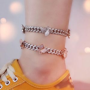 Nieuwe aangekomen enkelketting Dames Goud Zilver Rosegold Cubaanse link Iced Out CZ Pink Butterfly Anklets Chain Set Sieraden