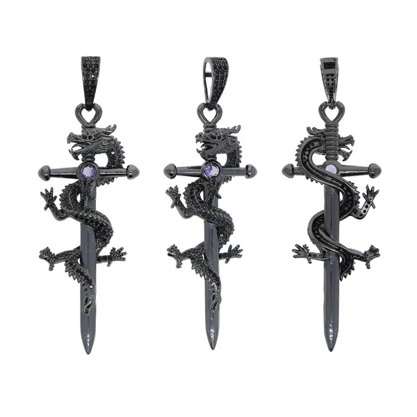 Nouveau arrivé Dragon épée pendentif collier rouge violet bleu Cz pavé noir couleur bijoux pour hommes garçon cadeaux de noël