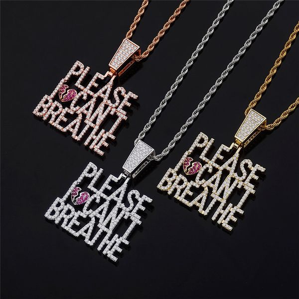 Nouvelle arrivée Iced Out Diamond Letter Please I Can't Breathe Pendentif Collier avec chaîne de corde en acier inoxydable