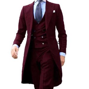 New Arrivel 2021 diseños de abrigo largo Borgoña hombres traje suave para hombre esmoquin Prom Blazer personalizado 3 piezas (chaqueta + chaleco + Pantalones) X0909