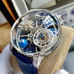 Nouvel arrivage Montre squelette transparente Roues volantes Boîtier en argent Bracelet en cuir noir Hommes Top qualité Mouvement automatique ETA Montres-bracelets de luxe en verre saphir