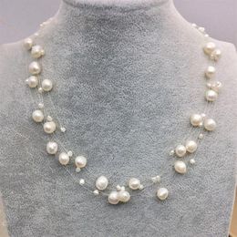 Recién llegado, collar de perlas de ilusión, múltiples hebras, joyería para dama de honor, gargantilla de perlas de agua dulce de Color blanco, collar 2818
