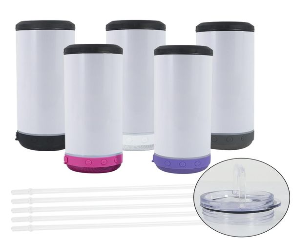 Nouvel arrivage 16OZ Sublimation 4 en 1 Haut-parleur Tumblers 5 couleurs Gobelet Bluetooth avec deux couvercles et paille en plastique DHL5906455