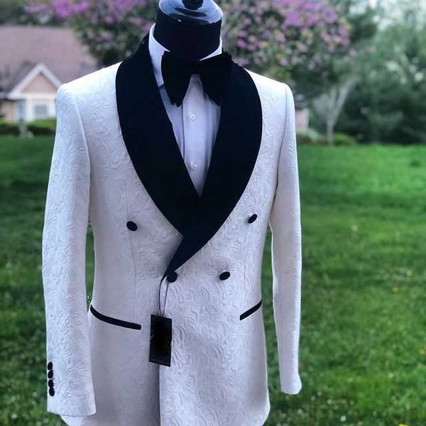 Nouvelle arrivée faite à la main Paisley blanc avec revers de châle en satin noir 2 pièces (veste + pantalon noir) costume de dîner pour hommes de mariage x0909