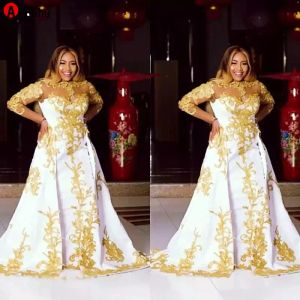 NIEUWE! ASO EBI Style White Prom Dresses met Gold Applique O Neck Lange Mouw Satijnen Mermaid Avondjurk Afneembare Trein Formele Toga