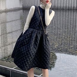 Nouveau automne hiver losange motif coton robe femmes sans manches col rond noeud papillon mince genou longueur mince japon style vestidos 210302