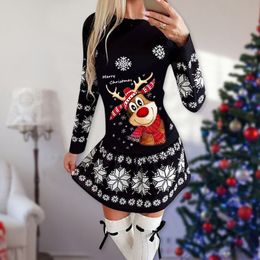 Nouvelles robes d'impression de Noël d'automne et d'hiver col rond à manches longues Elk Snowflower Dress pour les femmes